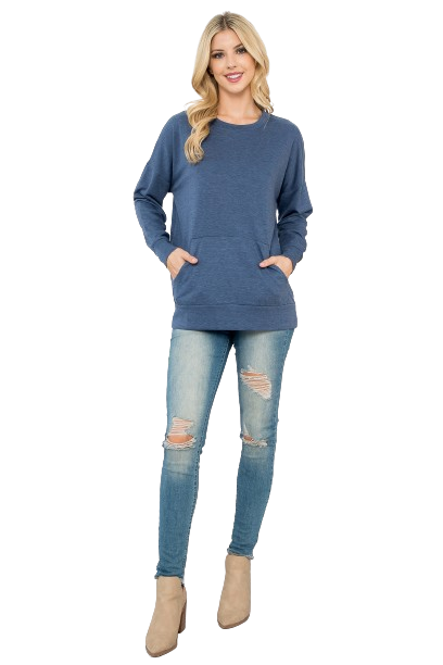 Long Sleeve French Terry Top with Kangaroo Pocket Top H. Navy - Pack of 4