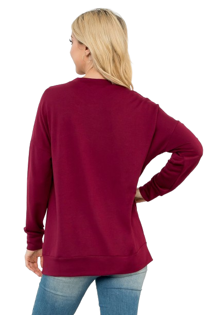 Long Sleeve French Terry Top with Kangaroo Pocket Top Oxblood- Pack of 4