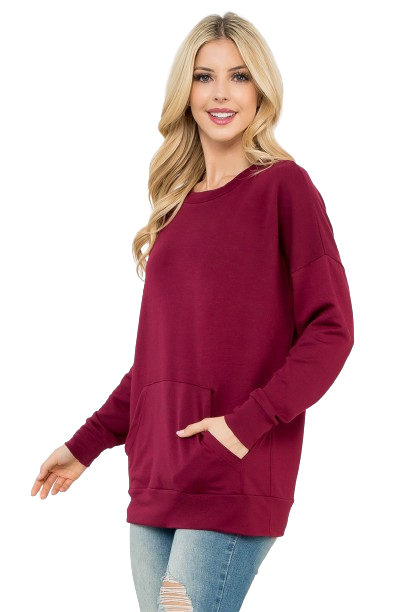 Long Sleeve French Terry Top with Kangaroo Pocket Top Oxblood- Pack of 4