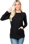 Knit Front Pocket Long Sleeve Top Black - Pack of 4