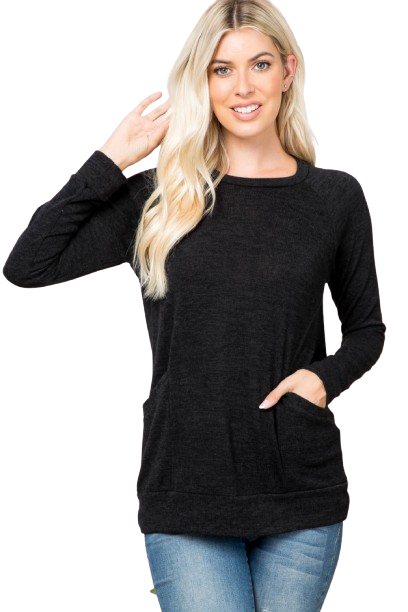 Knit Front Pocket Long Sleeve Top Black - Pack of 4