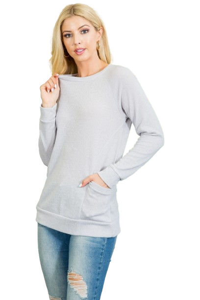 Knit Front Pocket Long Sleeve Top Light Green - Pack of 4