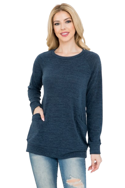 Knit Front Pocket Long Sleeve Top Light Navy - Pack of 4