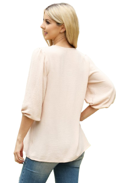 V Neck Band Elastic Tunnel Sleeve Woven Top Beige - Pack of 6