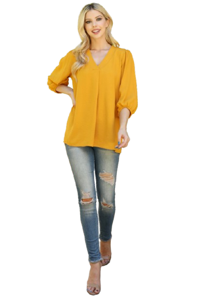 V Neck Band Elastic Tunnel Sleeve Woven Top Mustard - Pack of 6