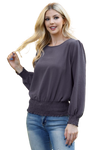 Smocked Hem Long Sleeve Solid Woven Top Gun Metal - Pack of 4