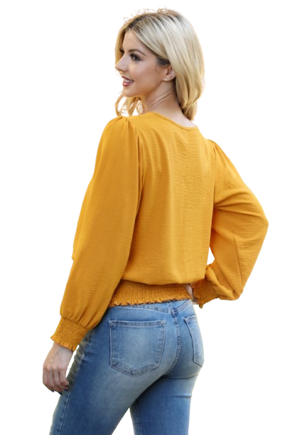 Smocked Hem Long Sleeve Solid Woven Top Mustard - Pack of 4