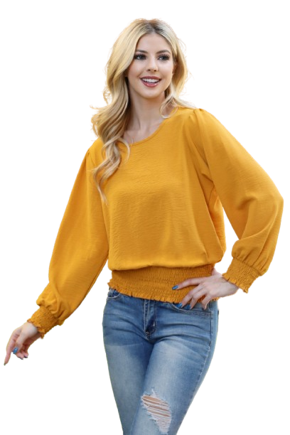 Smocked Hem Long Sleeve Solid Woven Top Mustard - Pack of 4