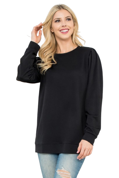 French Terry Pleated Sleeve Top Black - Pack of 4