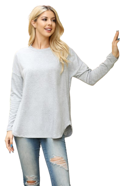 Long Sleeve French Terry Rounded Hem Top Heather Grey Lt. - Pack of 4