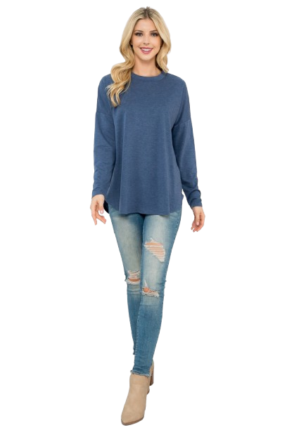 Long Sleeve French Terry Rounded Hem Top H. Navy - Pack of 4