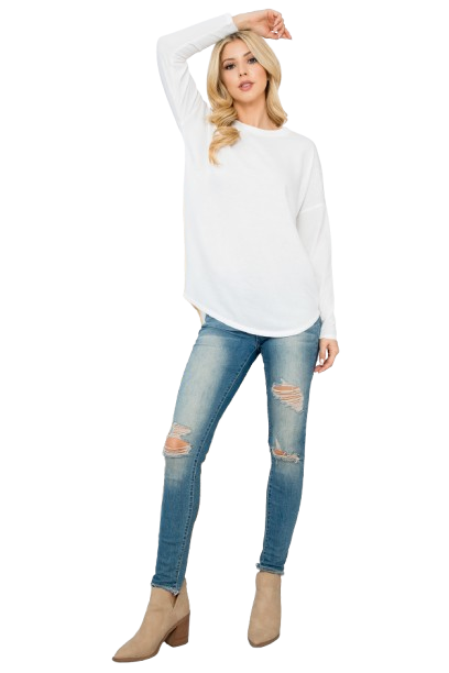 Long Sleeve French Terry Rounded Hem Top Ivory - Pack of 4