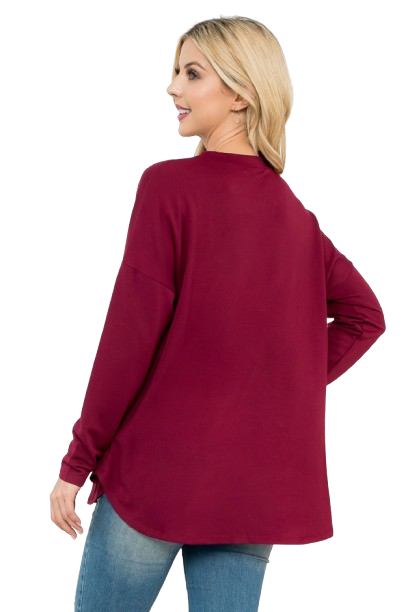 Long Sleeve French Terry Rounded Hem Top Ox Blood - Pack of 4