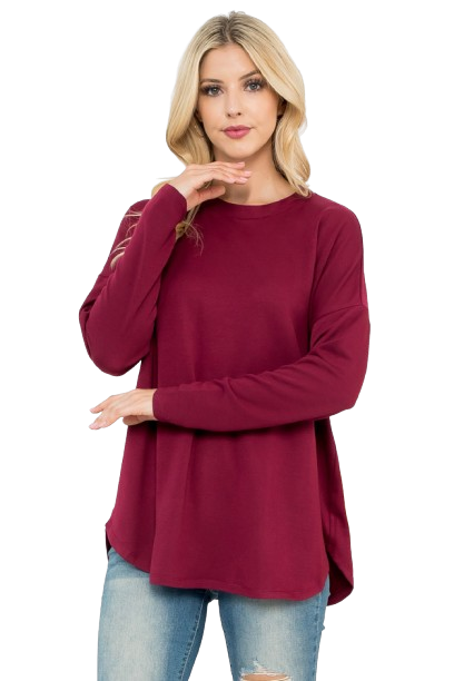 Long Sleeve French Terry Rounded Hem Top Ox Blood - Pack of 4