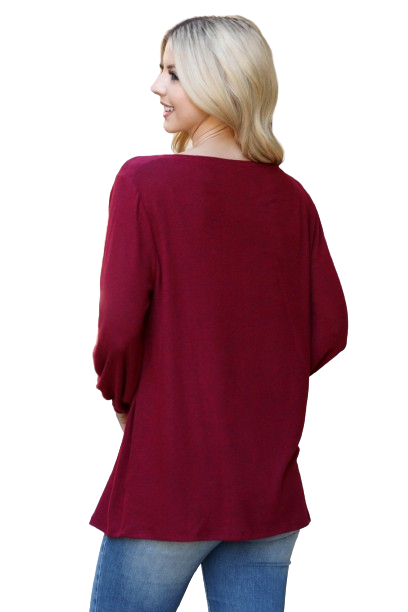 Boat Neckline Puff Sleeve Hacci Brushed Top Ruby Dark - Pack of 4