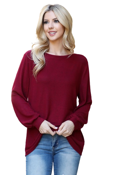 Boat Neckline Puff Sleeve Hacci Brushed Top Ruby Dark - Pack of 4