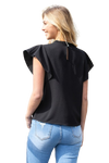 Fold Frill Neckline Butterfly Sleeve Solid Top Black - Pack of 6