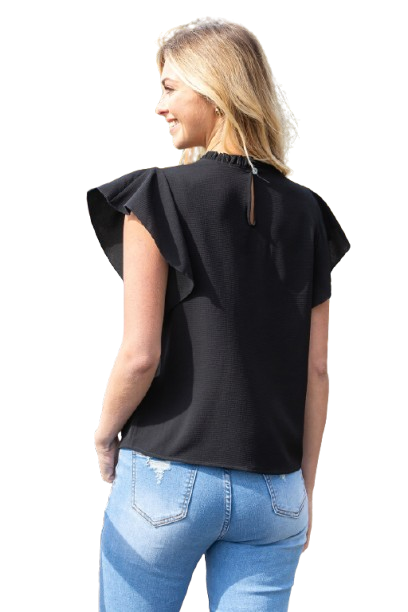 Fold Frill Neckline Butterfly Sleeve Solid Top Black - Pack of 6