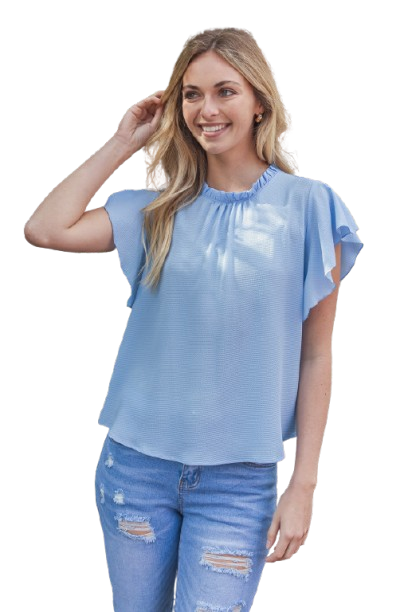 Fold Frill Neckline Butterfly Sleeve Solid Top Blue Light - Pack of 6