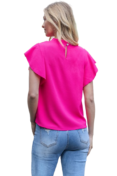 Fold Frill Neckline Butterfly Sleeve Solid Top Pink Ultra - Pack of 6