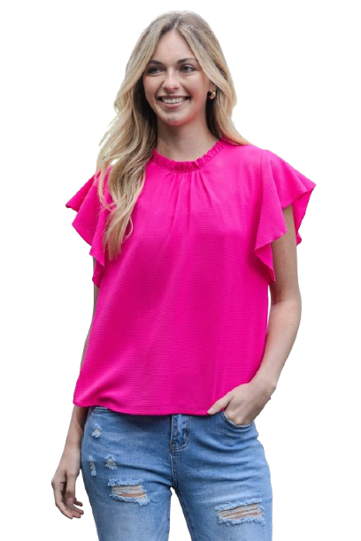 Fold Frill Neckline Butterfly Sleeve Solid Top Pink Ultra - Pack of 6