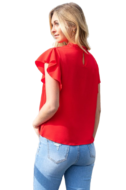 Fold Frill Neckline Butterfly Sleeve Solid Top Red - Pack of 6