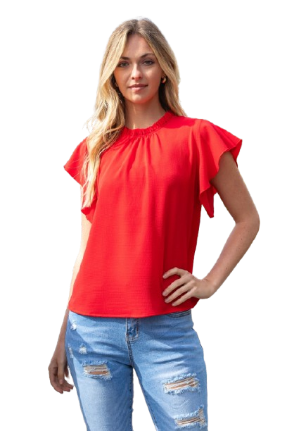 Fold Frill Neckline Butterfly Sleeve Solid Top Red - Pack of 6