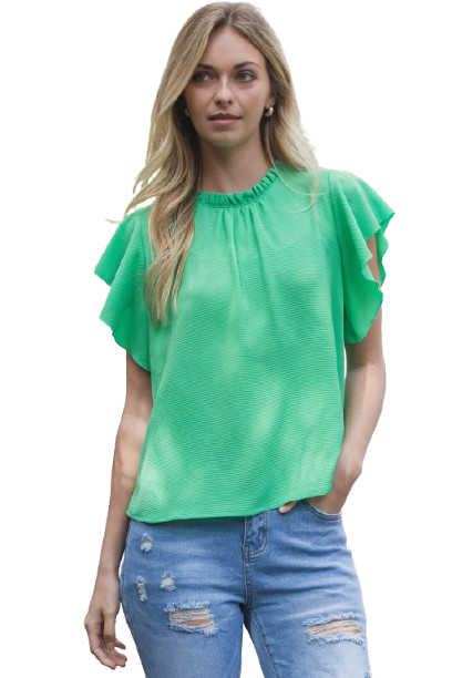 Fold Frill Neckline Butterfly Sleeve Solid Top Spearmint - Pack of 6