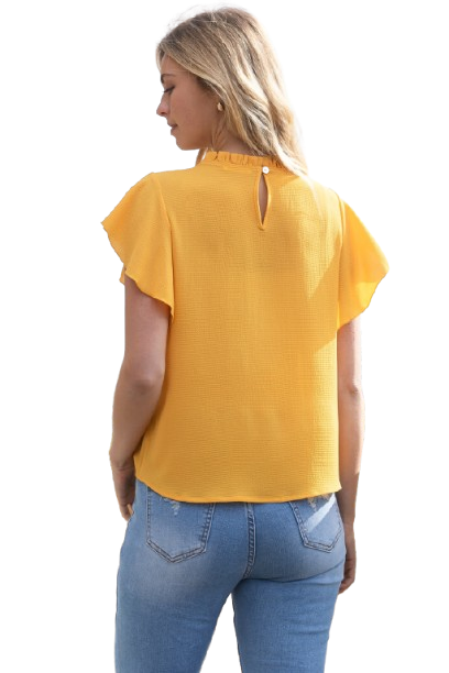 Fold Frill Neckline Butterfly Sleeve Solid Top Yellow Mango - Pack of 6