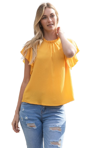 Fold Frill Neckline Butterfly Sleeve Solid Top Yellow Mango - Pack of 6