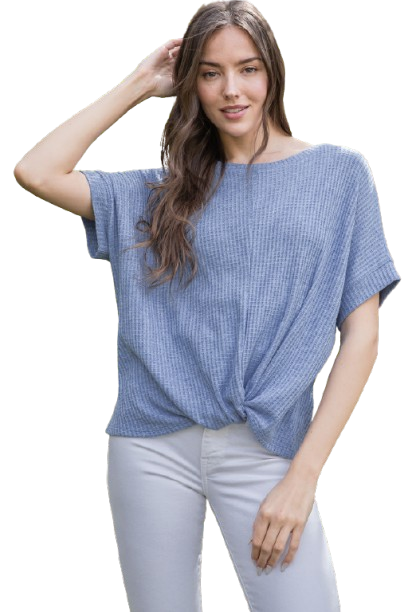 Dolman Short Sleeve Twisted Hem Waffle Knit Solid Top Denim Blue - Pack of 6