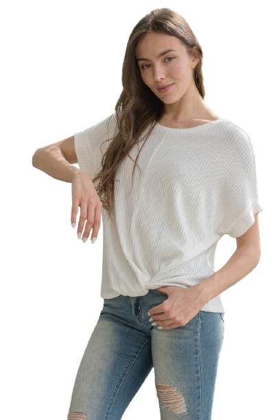 Dolman Short Sleeve Twisted Hem Waffle Knit Solid Top Ivory - Pack of 6