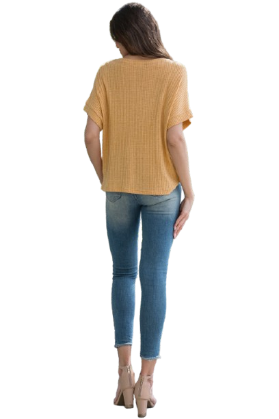 Dolman Short Sleeve Twisted Hem Waffle Knit Solid Top Mustard - Pack of 6