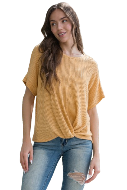 Dolman Short Sleeve Twisted Hem Waffle Knit Solid Top Mustard - Pack of 6