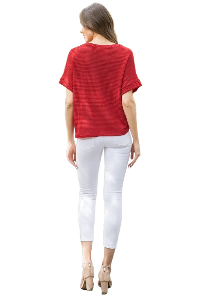 Dolman Short Sleeve Twisted Hem Waffle Knit Solid Top Red - Pack of 6