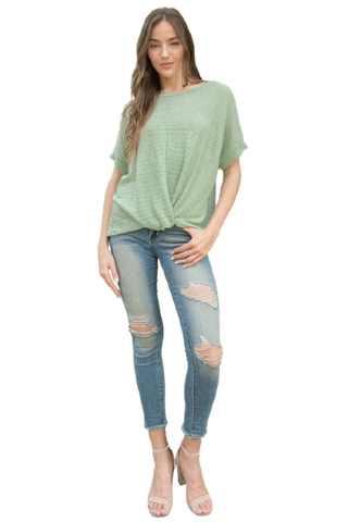 Long Sleeve Round Neck Chambray Tiered  Sage - Pack of 6