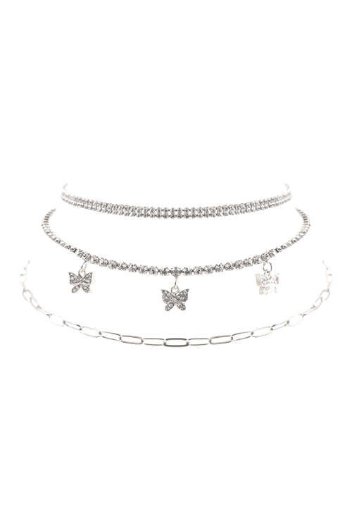 Rhinestone Butterfly Charm 3 Set Necklace Crystal Silver - Pack of 6