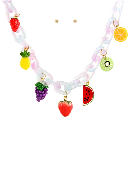 Acetate Chain Charm Dainty Necklace And Earring Set Fruits Lavender - Pack of 6